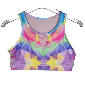 Feed Me Fight Me Womens Multi‎ Color Geometric Pink Mesh Back Sports Bra Size M